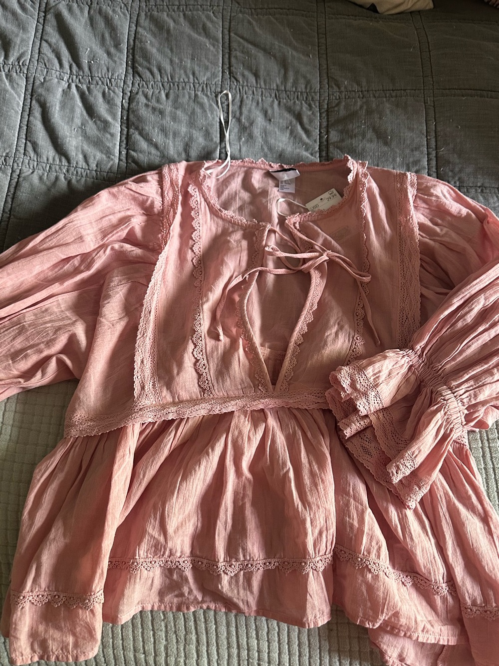 H&M Dusty Pink Lace-Trim Peasant Blouse